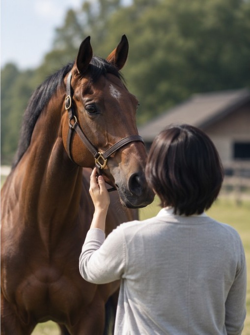 愛馬の顔に手を添えている、後ろからのアングル